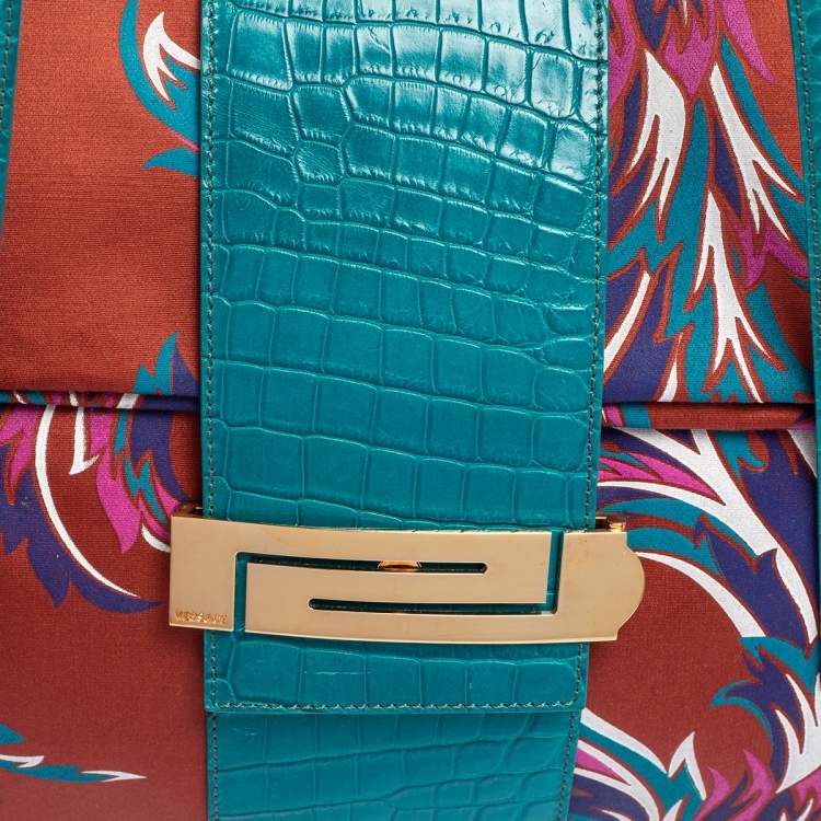 Pre Owned Versace Multicolor Floral Print Fabric and Croc Embossed Leather Flap Tote