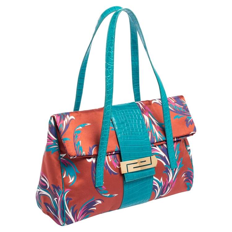 Pre Owned Versace Multicolor Floral Print Fabric and Croc Embossed Leather Flap Tote