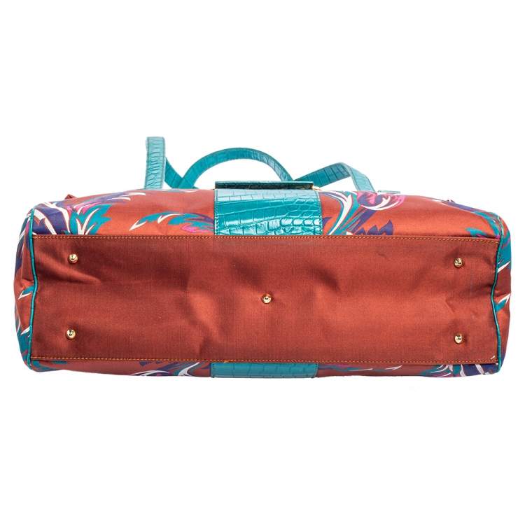 Pre Owned Versace Multicolor Floral Print Fabric and Croc Embossed Leather Flap Tote