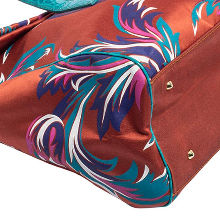 Pre Owned Versace Multicolor Floral Print Fabric and Croc Embossed Leather Flap Tote