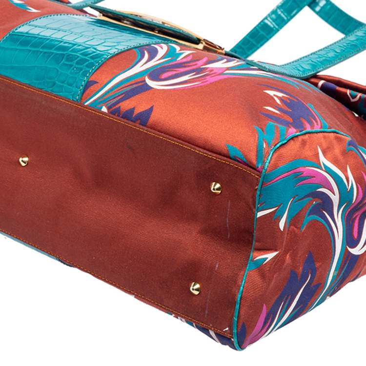 Pre Owned Versace Multicolor Floral Print Fabric and Croc Embossed Leather Flap Tote