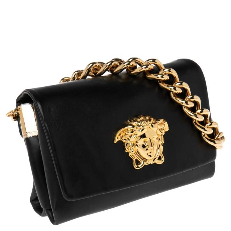 Pre Owned Versace Black Leather Medusa Flap Shoulder Bag