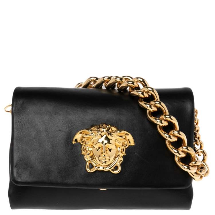 Pre Owned Versace Black Leather Medusa Flap Shoulder Bag