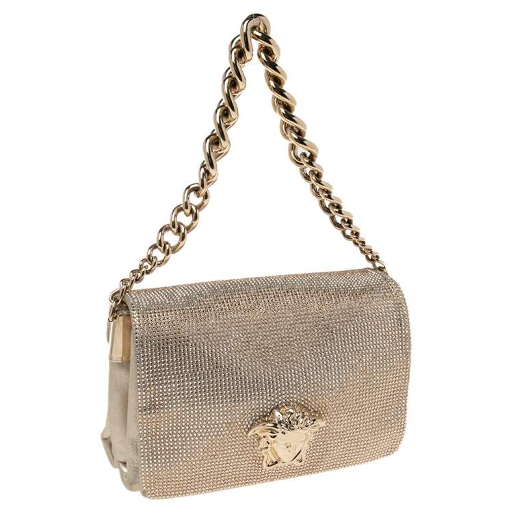 Pre Owned Versace Gold Leather Crystal Embellished Sultan Medusa Shoulder Bag