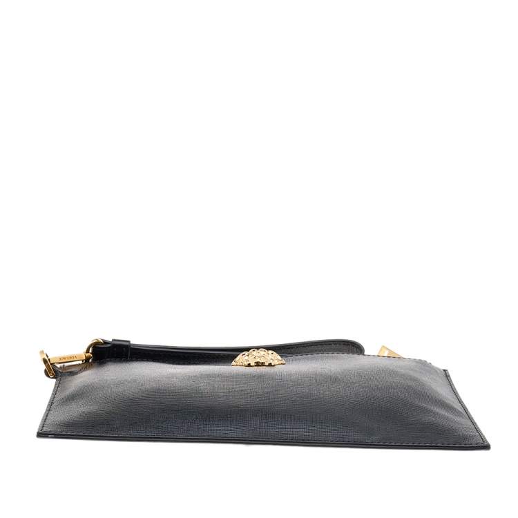 Pre Owned Versace Black Leather Medusa Zip Clutch