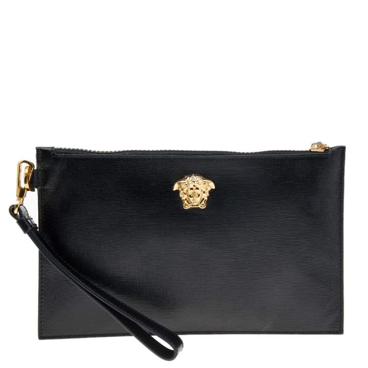 Pre Owned Versace Black Leather Medusa Zip Clutch