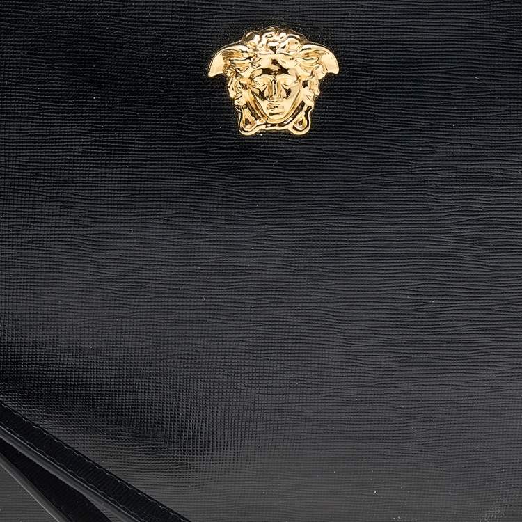 Pre Owned Versace Black Leather Medusa Zip Clutch