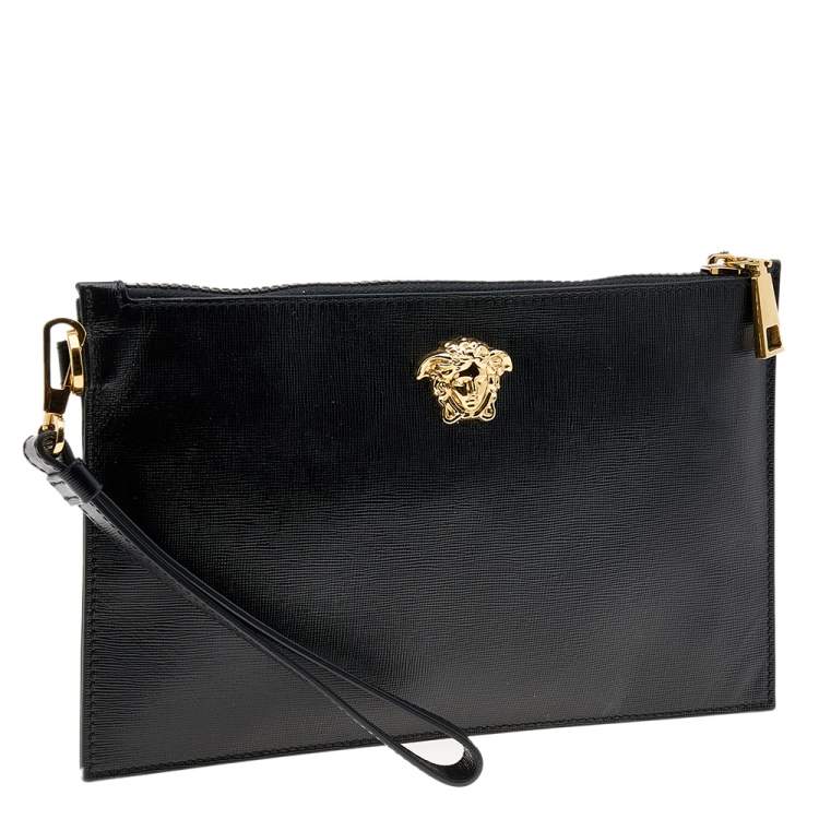 Pre Owned Versace Black Leather Medusa Zip Clutch
