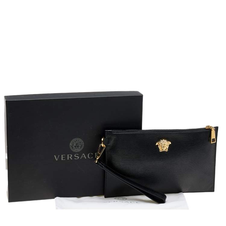 Pre Owned Versace Black Leather Medusa Zip Clutch