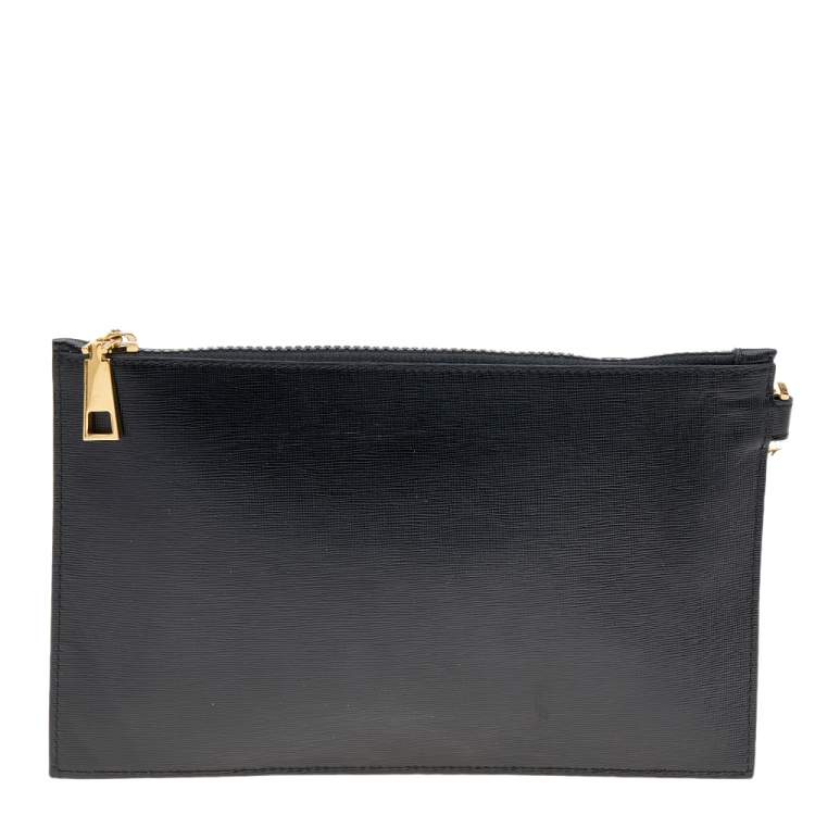 Pre Owned Versace Black Leather Medusa Zip Clutch