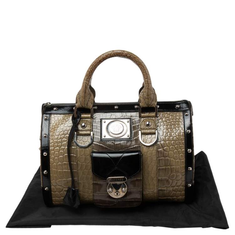 Pre Owned Versace Black/Brown Ombre Croc Embossed Patent Leather Boston Bag