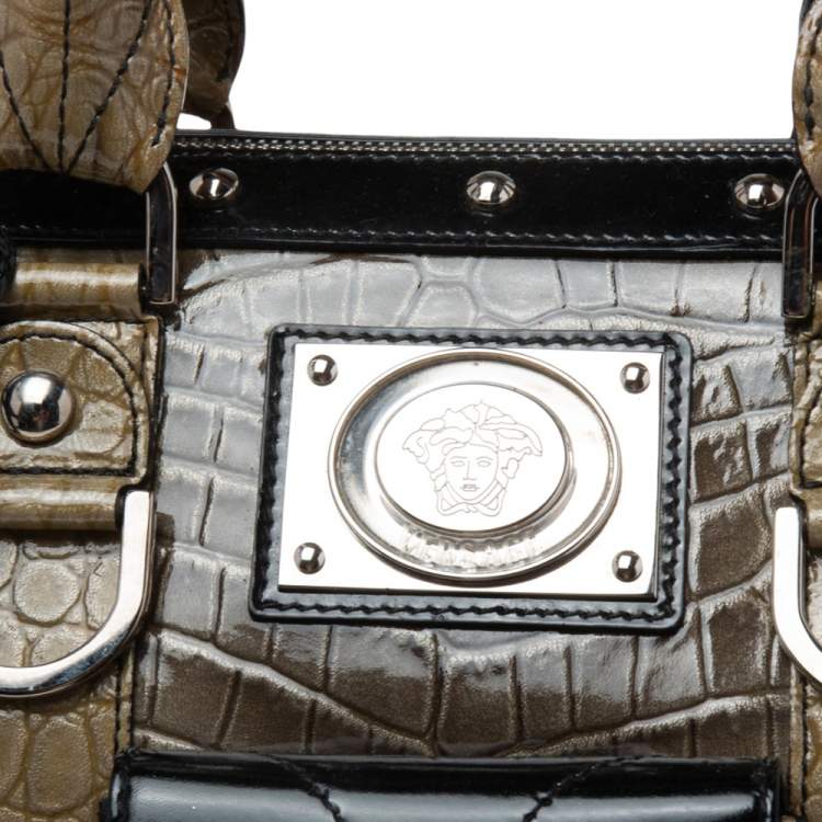 Pre Owned Versace Black/Brown Ombre Croc Embossed Patent Leather Boston Bag