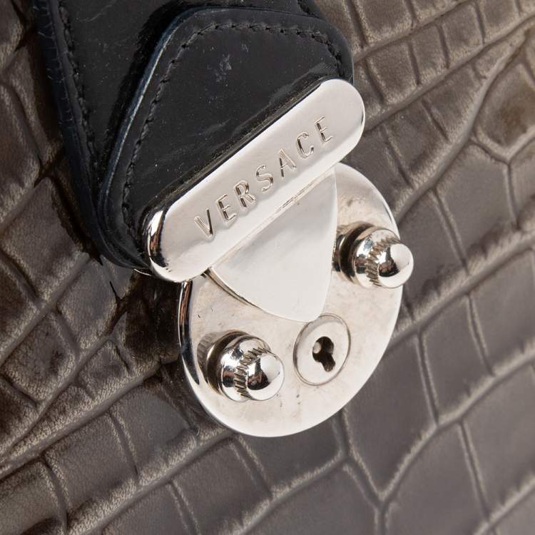 Pre Owned Versace Black/Brown Ombre Croc Embossed Patent Leather Boston Bag