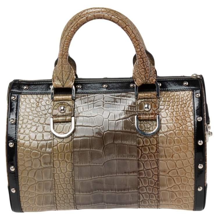 Pre Owned Versace Black/Brown Ombre Croc Embossed Patent Leather Boston Bag