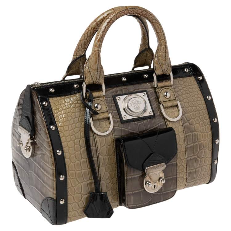 Pre Owned Versace Black/Brown Ombre Croc Embossed Patent Leather Boston Bag