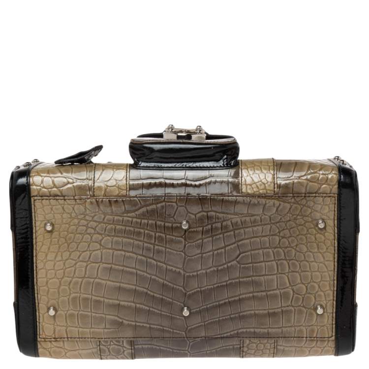 Pre Owned Versace Black/Brown Ombre Croc Embossed Patent Leather Boston Bag