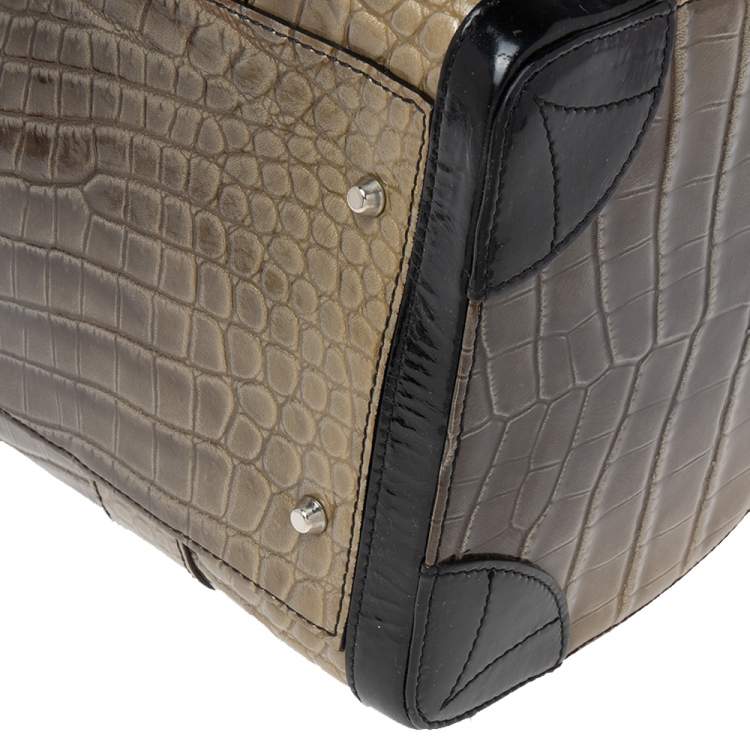 Pre Owned Versace Black/Brown Ombre Croc Embossed Patent Leather Boston Bag