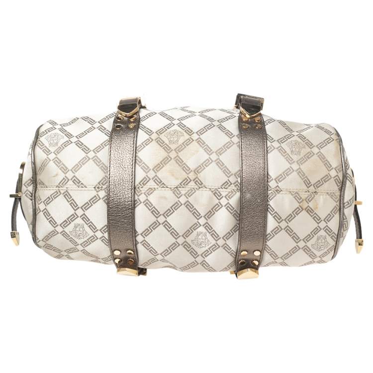 Pre Owned Versace Olive Green/Cream Signature Fabric and Leather Madonna Frame Satchel