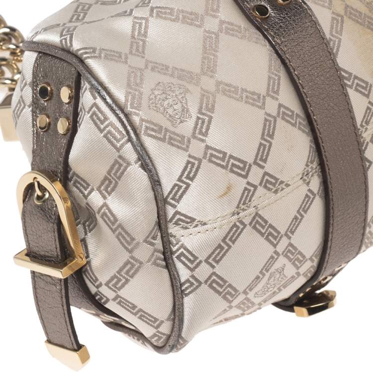 Pre Owned Versace Olive Green/Cream Signature Fabric and Leather Madonna Frame Satchel