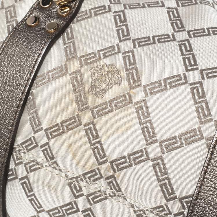 Pre Owned Versace Olive Green/Cream Signature Fabric and Leather Madonna Frame Satchel