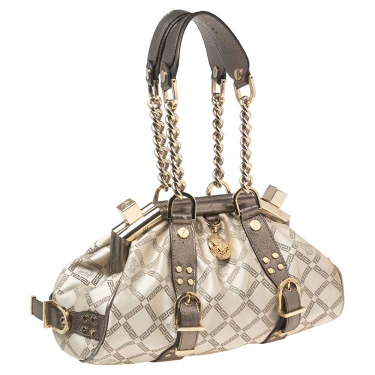 Pre Owned Versace Olive Green/Cream Signature Fabric and Leather Madonna Frame Satchel