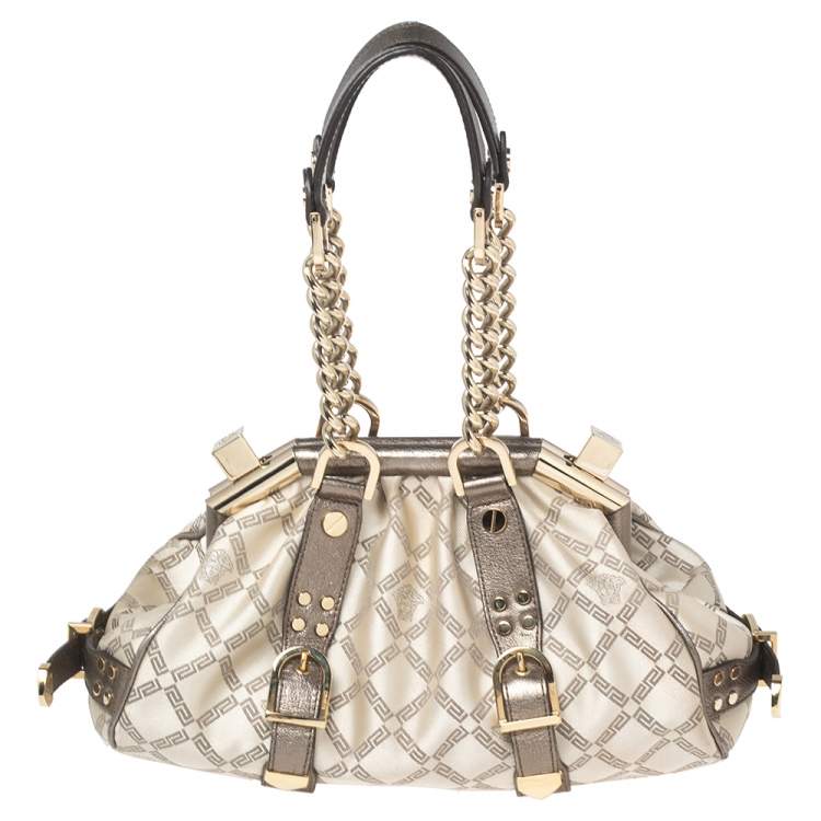 Pre Owned Versace Olive Green/Cream Signature Fabric and Leather Madonna Frame Satchel