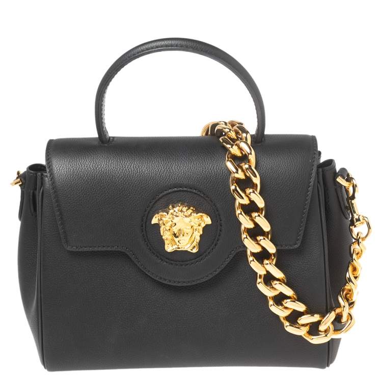 Pre Owned Versace Black Leather Small Medusa Top Handle Bag