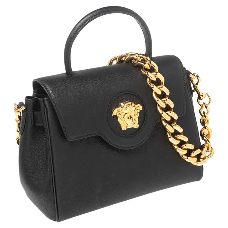 Pre Owned Versace Black Leather Small Medusa Top Handle Bag