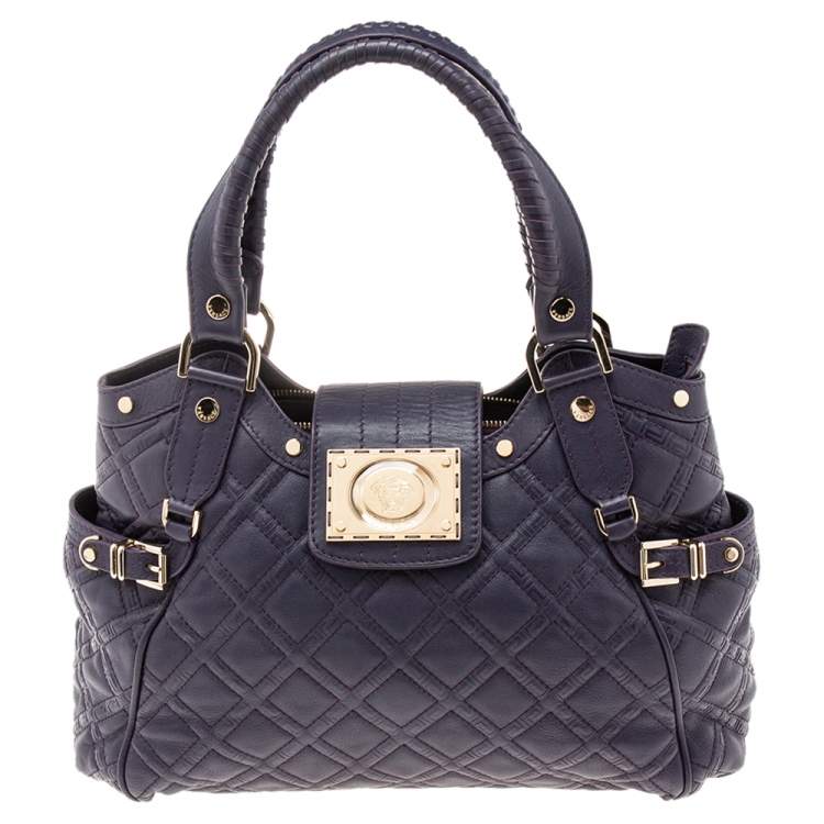 Pre Owned Versace Purple Quilted Leather Medusa Plaque Flap Satchel