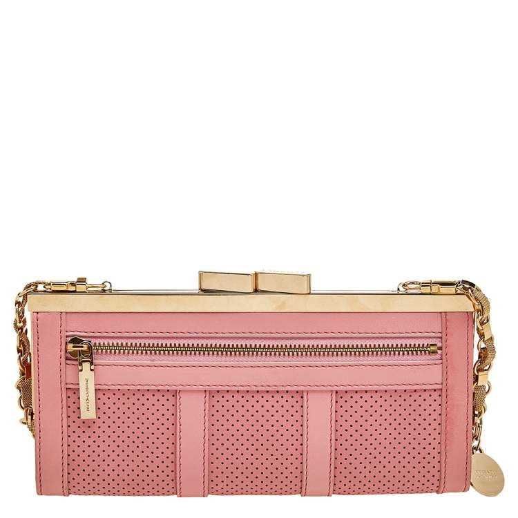 Pre Owned Versace Pink Leather Medusa Chain Clasp Clutch