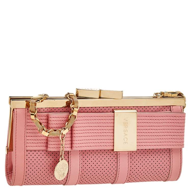 Pre Owned Versace Pink Leather Medusa Chain Clasp Clutch