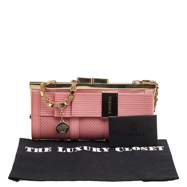 Pre Owned Versace Pink Leather Medusa Chain Clasp Clutch