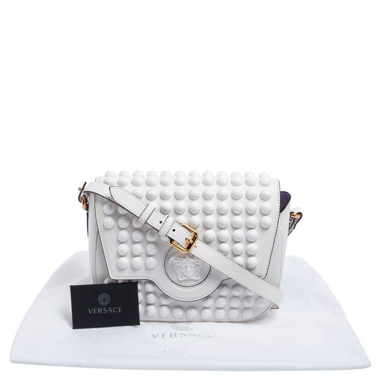 Pre Owned Versace White Leather La Medusa Studded Shoulder Bag