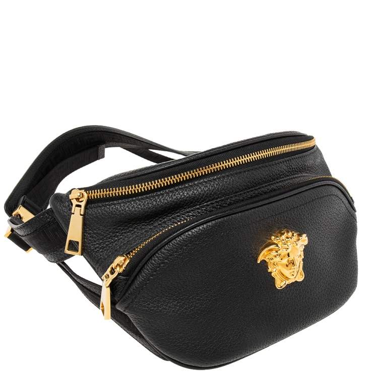 Pre Owned Versace Black Leather Medusa Double Zip Belt Bag