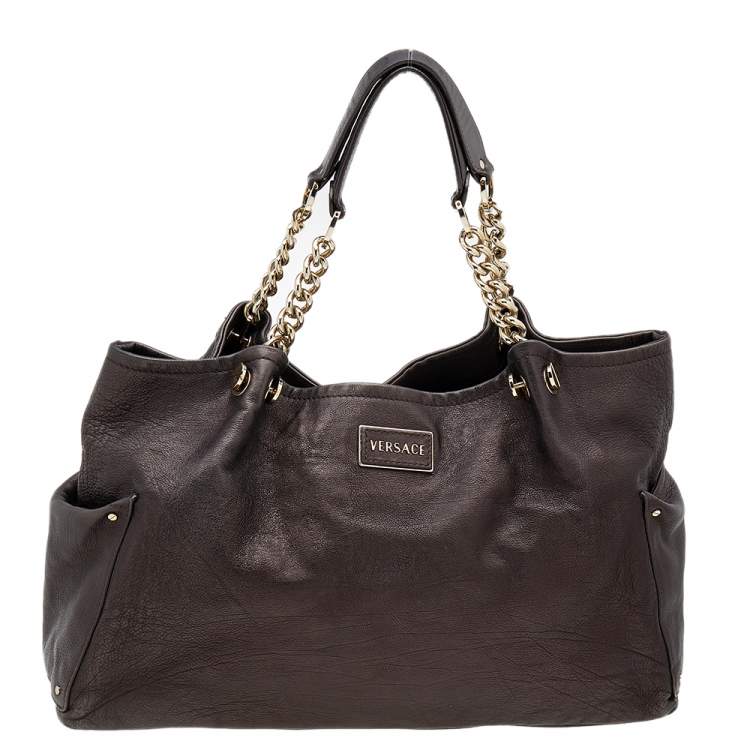 Pre Owned Versace Dark Brown Leather Charm Chain Shoulder Bag