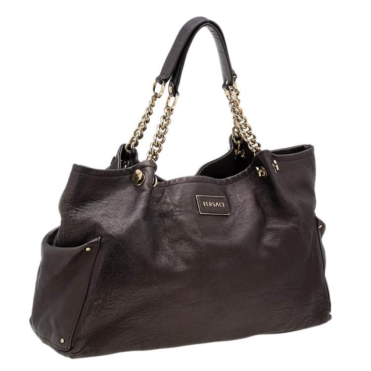 Pre Owned Versace Dark Brown Leather Charm Chain Shoulder Bag