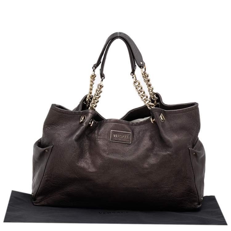 Pre Owned Versace Dark Brown Leather Charm Chain Shoulder Bag