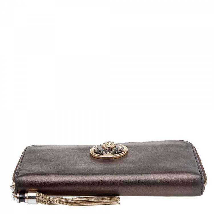Pre Owned Versace Metallic Brown Leather Medusa Zip Around Wallet