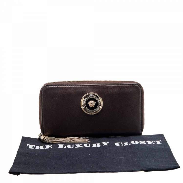 Pre Owned Versace Metallic Brown Leather Medusa Zip Around Wallet