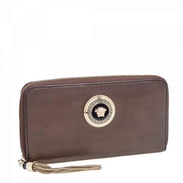 Pre Owned Versace Metallic Brown Leather Medusa Zip Around Wallet