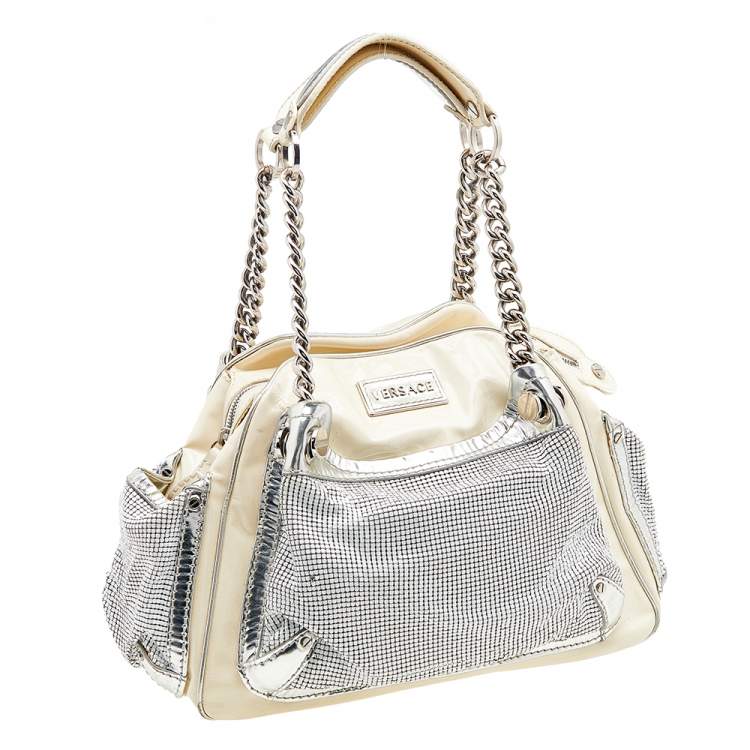 Pre Owned Versace Cream/Sliver Patent Leather And Metallic Mesh Chain Link Satchel