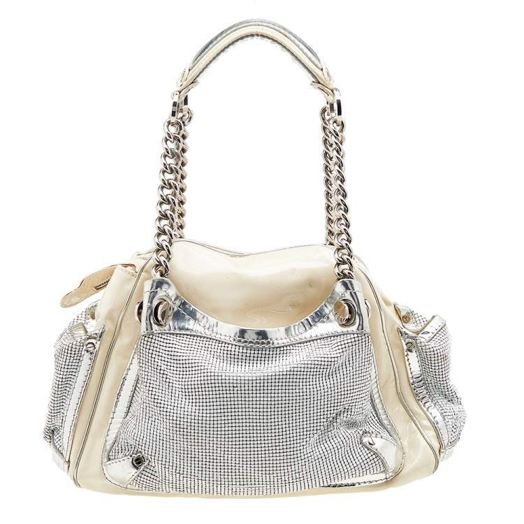 Pre Owned Versace Cream/Sliver Patent Leather And Metallic Mesh Chain Link Satchel