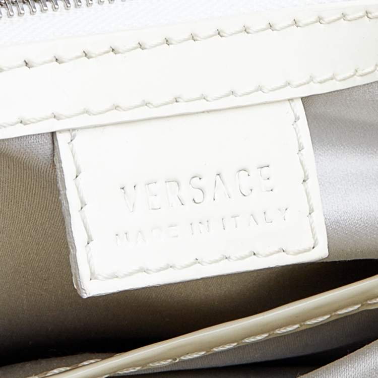 Pre Owned Versace Cream/Sliver Patent Leather And Metallic Mesh Chain Link Satchel