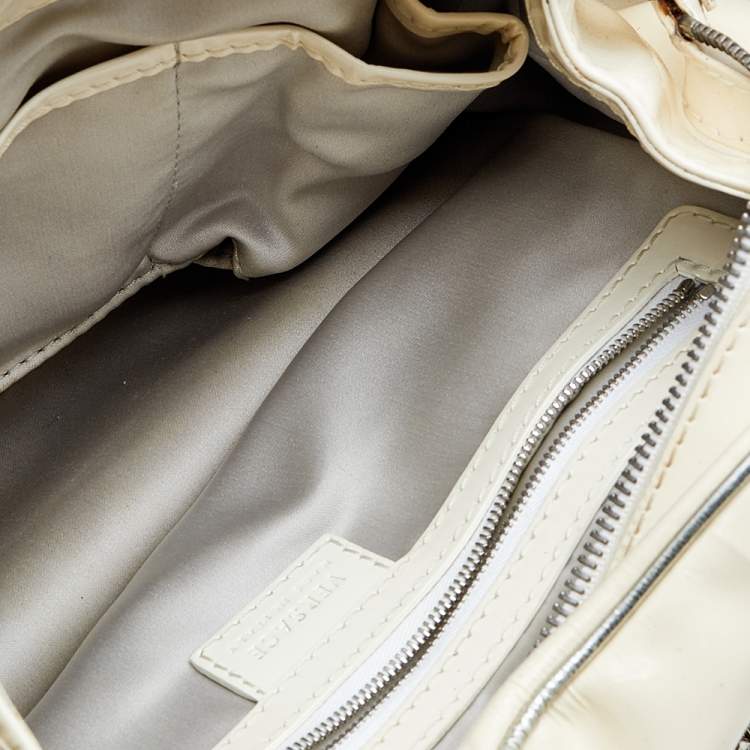 Pre Owned Versace Cream/Sliver Patent Leather And Metallic Mesh Chain Link Satchel