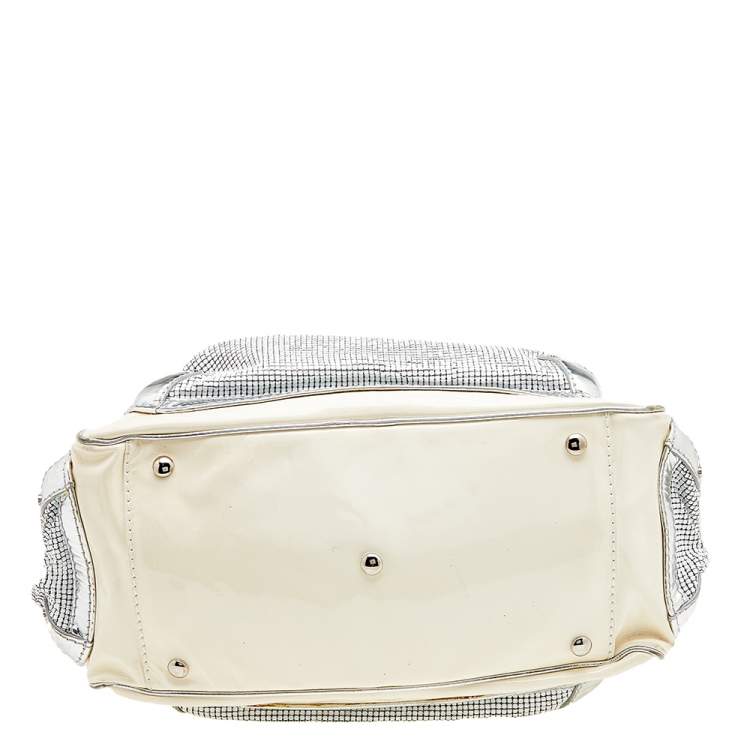 Pre Owned Versace Cream/Sliver Patent Leather And Metallic Mesh Chain Link Satchel