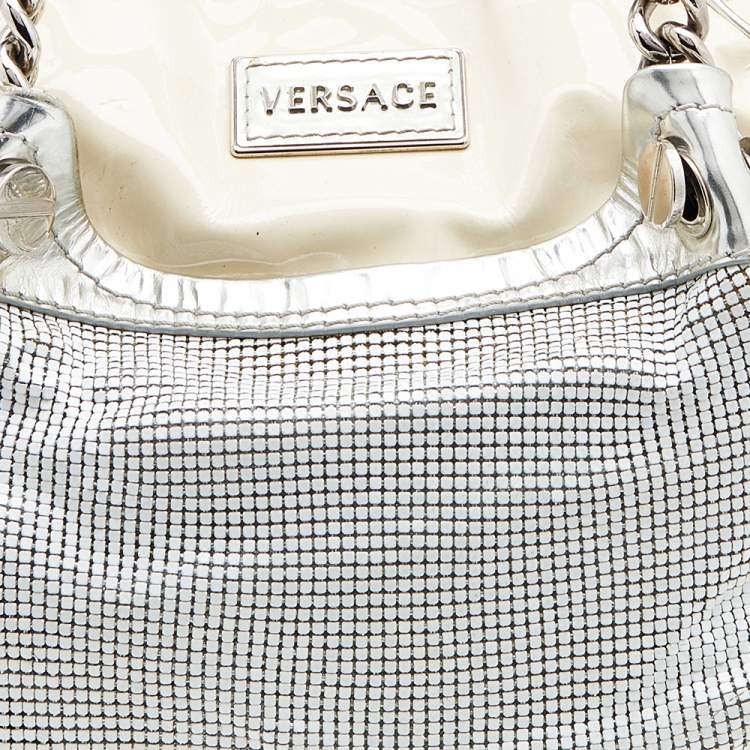 Pre Owned Versace Cream/Sliver Patent Leather And Metallic Mesh Chain Link Satchel