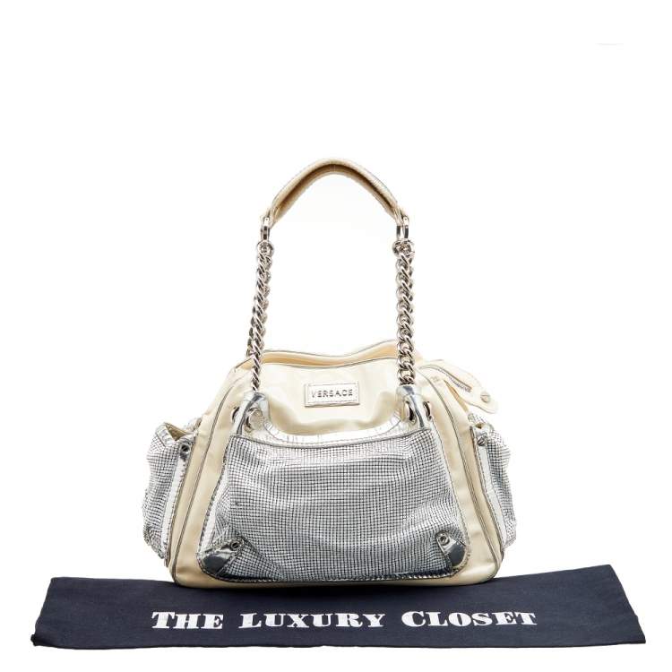 Pre Owned Versace Cream/Sliver Patent Leather And Metallic Mesh Chain Link Satchel