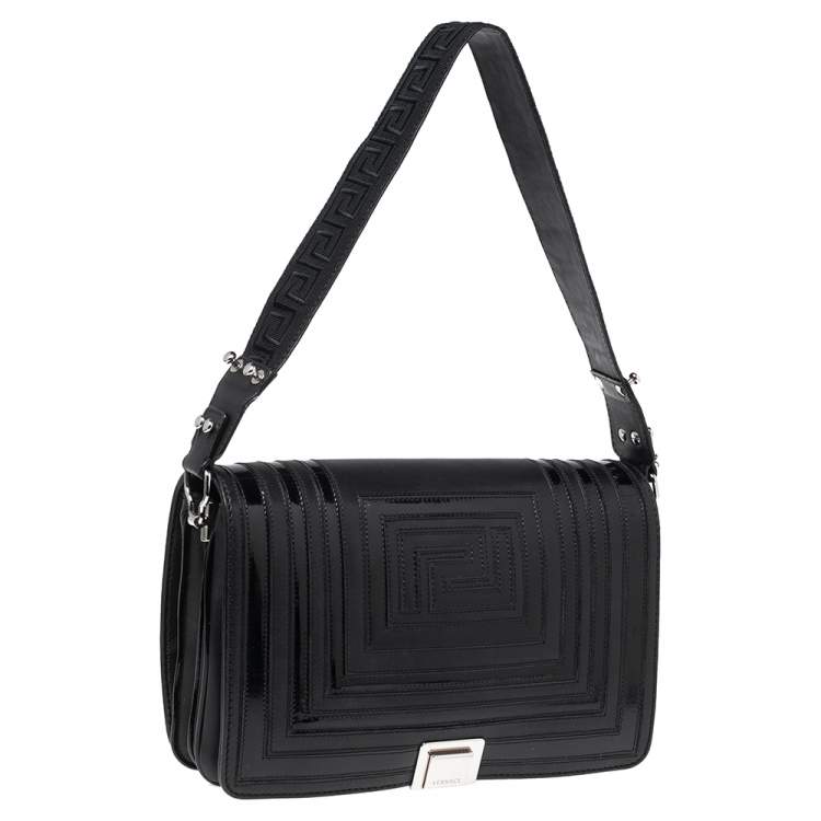 Pre Owned Versace Black Quilted Patent and Leather Flap Shoulder Bag