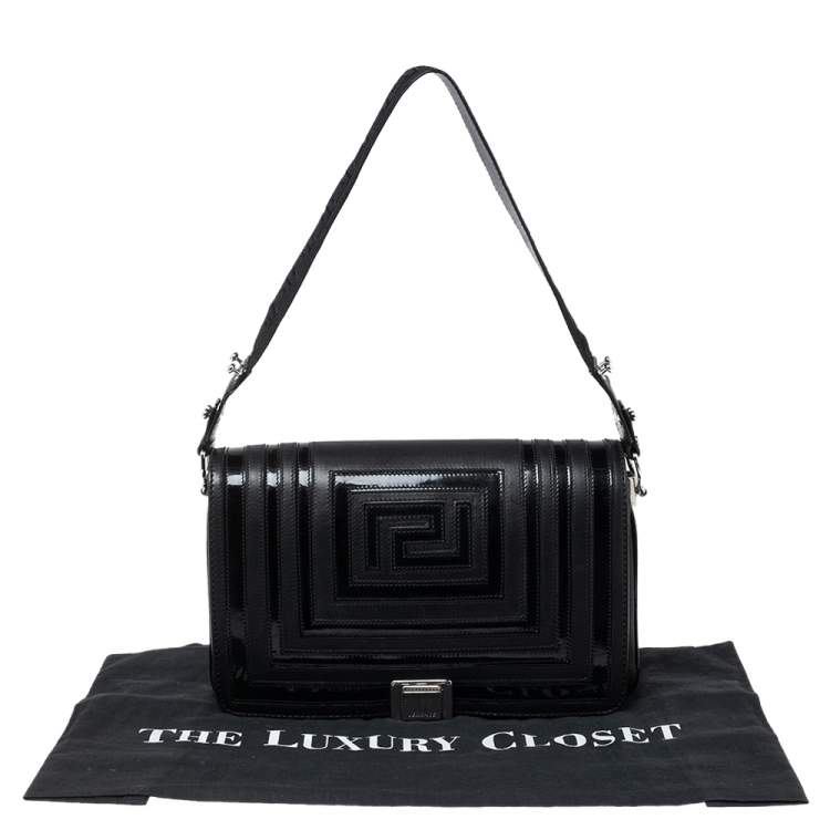 Pre Owned Versace Black Quilted Patent and Leather Flap Shoulder Bag