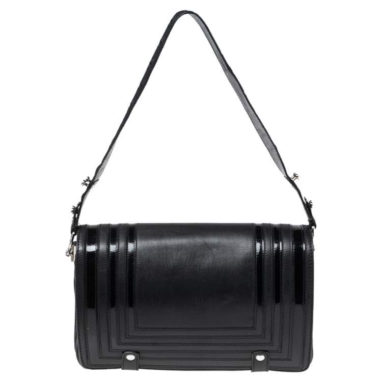 Pre Owned Versace Black Quilted Patent and Leather Flap Shoulder Bag